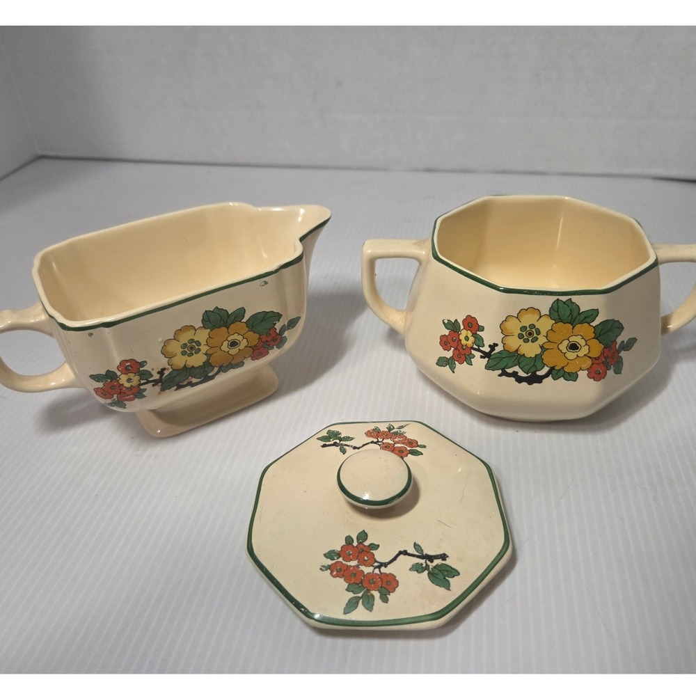Homer Laughlin Floral Covered Sugar Bowl & Gravy Boat Cream Ivory USA